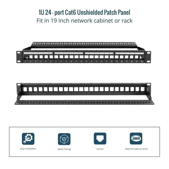 Alt view image 5 of 5 - UL Listed 1U 24-Port Blank Keystone Patch Panel, Unshielded UTP, 19-Inch Rackmount with Grounding Cable, Rear Cable Management Bar