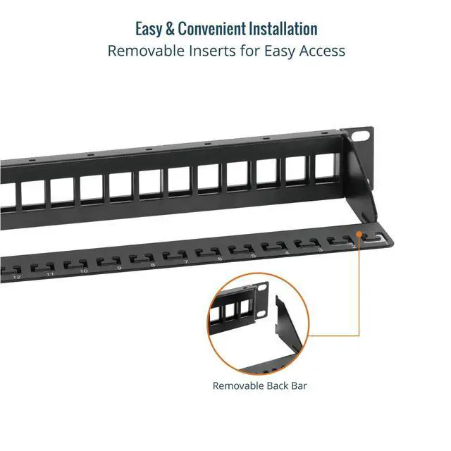Alt view image 4 of 5 - UL Listed 1U 24-Port Blank Keystone Patch Panel, Unshielded UTP, 19-Inch Rackmount with Grounding Cable, Rear Cable Management Bar