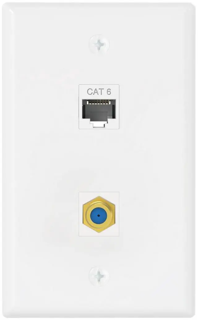 Main image of Ethernet Coax Wall Plate (UL Listed), 2 Port Cat6 Keystone Coupler and 3GHz Gold Plated Coax Keystone Jack Insert Wall Plate, White