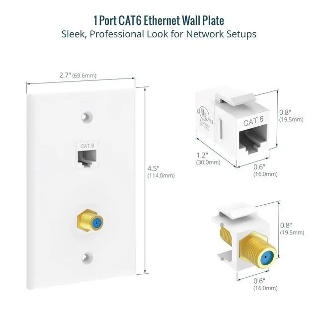 Alt view image 3 of 7 - Ethernet Coax Wall Plate (UL Listed), 2 Port Cat6 Keystone Coupler and 3GHz Gold Plated Coax Keystone Jack Insert Wall Plate, White