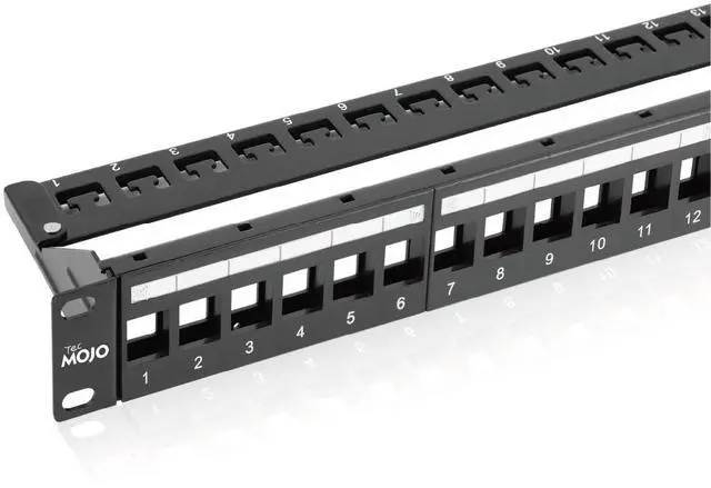 Main image of UL Listed 1U 24-Port Blank Keystone Patch Panel, Unshielded UTP, 19-Inch Rackmount with Grounding Cable, Rear Cable Management Bar
