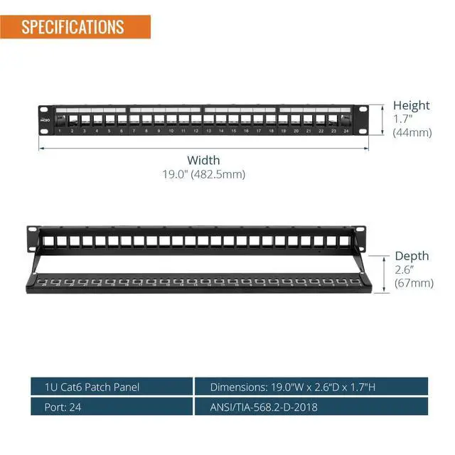Alt view image 2 of 5 - UL Listed 1U 24-Port Blank Keystone Patch Panel, Unshielded UTP, 19-Inch Rackmount with Grounding Cable, Rear Cable Management Bar