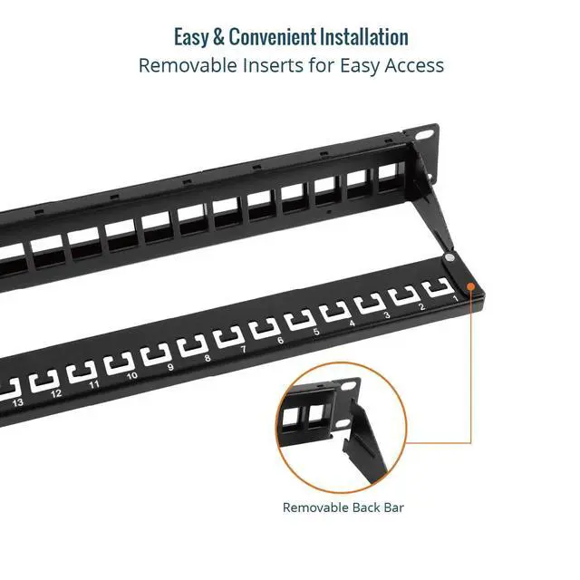 Alt view image 4 of 5 - UL Listed 1U 24-Port Blank Keystone Patch Panel, Unshielded UTP, 19-Inch Rackmount with Grounding Cable, Rear Cable Management Bar