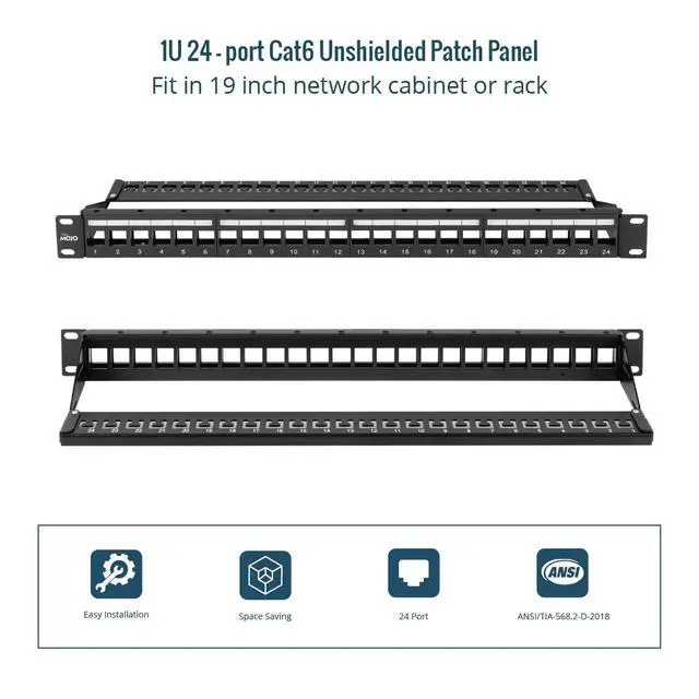 Alt view image 5 of 5 - UL Listed 1U 24-Port Blank Keystone Patch Panel, Unshielded UTP, 19-Inch Rackmount with Grounding Cable, Rear Cable Management Bar