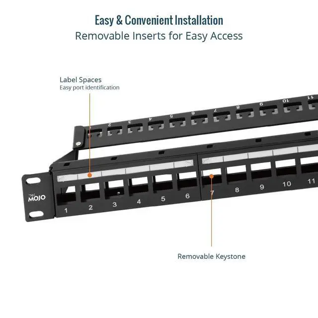Alt view image 3 of 5 - UL Listed 1U 24-Port Blank Keystone Patch Panel, Unshielded UTP, 19-Inch Rackmount with Grounding Cable, Rear Cable Management Bar