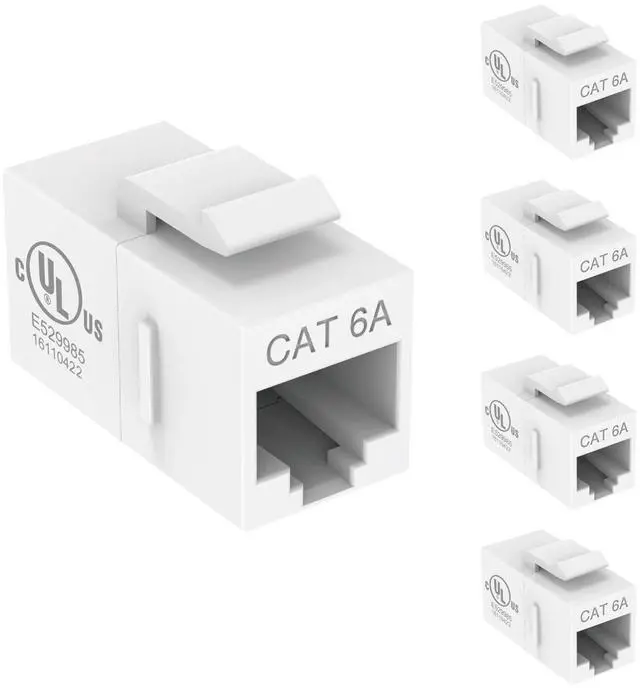 Main image of UL Listed Cat6A Keystone Coupler, 10Gbps RJ45 Ethernet Jack, Female to Female, Slim Design for Patch Panels & Wall Plates, White (5-Pack)