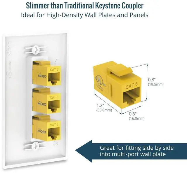 Alt view image 3 of 6 - UL Listed Cat6 Keystone Coupler, 1000 Mbps RJ45 Ethernet Jack, Female to Female, Slim Design for Patch Panels & Wall Plates, Yellow (5-Pack)