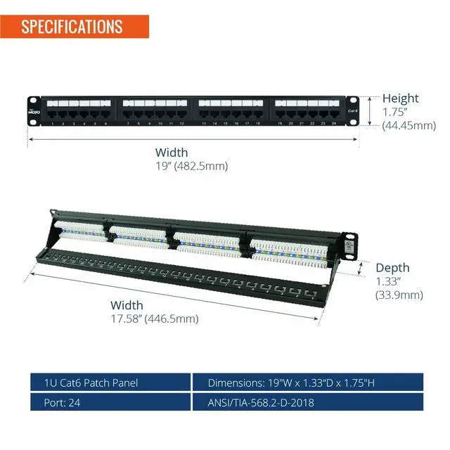Alt view image 2 of 7 - UL Listed 24 Port Cat6 Patch Panel, 1U Network Patch Panel for 19 inch Rack Mount equipments, 10G Support, with Cable Management, Unshielded