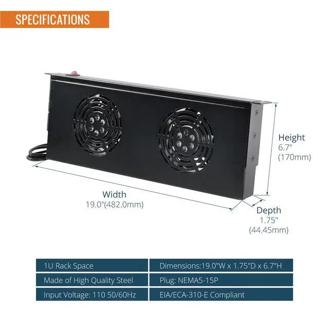 Alt view image 2 of 6 - Rack Cabinet Mounted Server 1U 2 Fan Unit Cooling System Exhaust Airflow, for Cooling AV, Home Theater, Network 19inch Racks