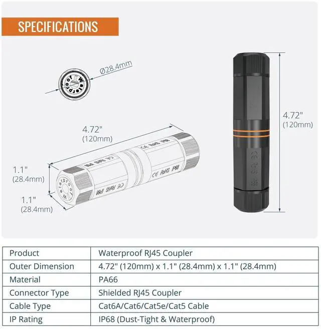 Alt view image 4 of 7 - Waterproof Cat6A Coupler, IP68 Outdoor Ethernet Connector for CAT6A/CAT6/CAT5E/CAT5,Shielded RJ45 Ethernet Extender for IP Camera and PoE Device, 4.7in,3 Pack