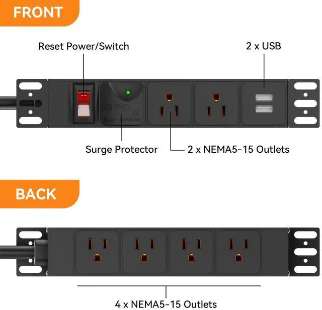 Alt view image 2 of 7 - 10 inch Rack PDU, 1U 6 Outlets(2 in front, 4 in back),1020J Surge Protection and 15A Overload Switch & 2 USB-A, Rack Mount Power Strips for 10'' Mini Server Network Cabinets/Rack/Self, 14AWG 6ft Cable