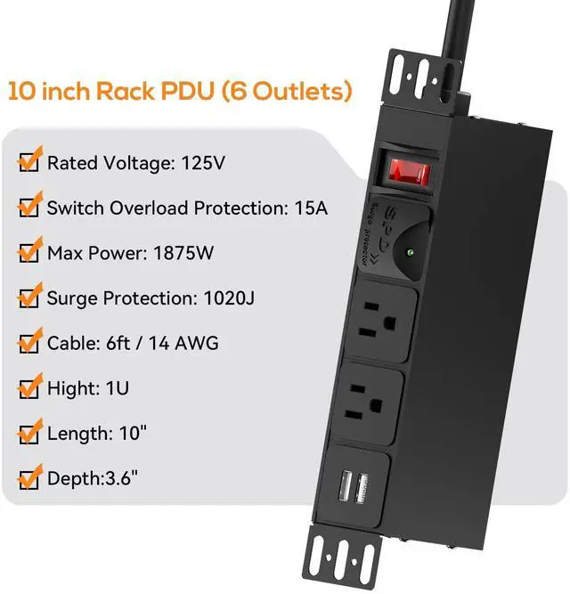 Alt view image 4 of 7 - 10 inch Rack PDU, 1U 6 Outlets(2 in front, 4 in back),1020J Surge Protection and 15A Overload Switch & 2 USB-A, Rack Mount Power Strips for 10'' Mini Server Network Cabinets/Rack/Self, 14AWG 6ft Cable