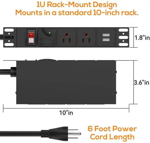 Alt view image 5 of 7 - 10 inch Rack PDU, 1U 6 Outlets(2 in front, 4 in back),1020J Surge Protection and 15A Overload Switch & 2 USB-A, Rack Mount Power Strips for 10'' Mini Server Network Cabinets/Rack/Self, 14AWG 6ft Cable
