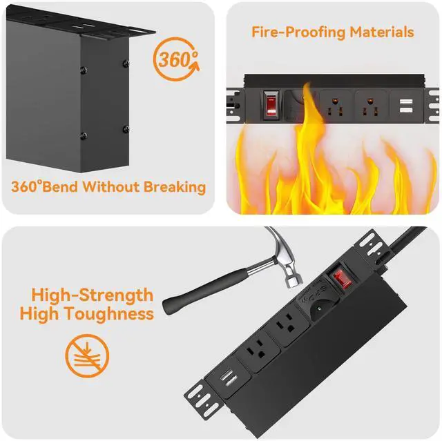 Alt view image 6 of 7 - 10 inch Rack PDU, 1U 6 Outlets(2 in front, 4 in back),1020J Surge Protection and 15A Overload Switch & 2 USB-A, Rack Mount Power Strips for 10'' Mini Server Network Cabinets/Rack/Self, 14AWG 6ft Cable