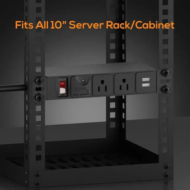Alt view image 7 of 7 - 10 inch Rack PDU, 1U 6 Outlets(2 in front, 4 in back),1020J Surge Protection and 15A Overload Switch & 2 USB-A, Rack Mount Power Strips for 10'' Mini Server Network Cabinets/Rack/Self, 14AWG 6ft Cable