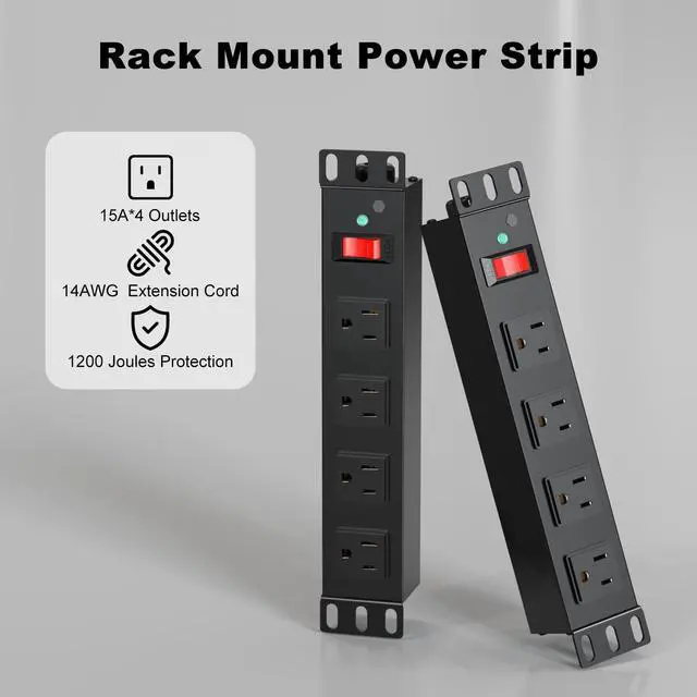 Alt view image 2 of 6 - 10 inch Rack PDU,4 Outlets Rack Mount PDU Power Strips, 1U Rack Mount,Rack Mount Power Strips for 10'' Mini Server Cabinets/Rack,1200J Surge Protection/15A Overload Switch,6FT 14AWG Extension Cord