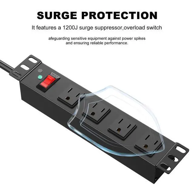 Alt view image 3 of 6 - 10 inch Rack PDU,4 Outlets Rack Mount PDU Power Strips, 1U Rack Mount,Rack Mount Power Strips for 10'' Mini Server Cabinets/Rack,1200J Surge Protection/15A Overload Switch,6FT 14AWG Extension Cord
