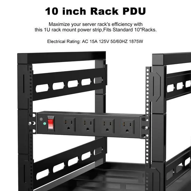 Alt view image 5 of 6 - 10 inch Rack PDU,4 Outlets Rack Mount PDU Power Strips, 1U Rack Mount,Rack Mount Power Strips for 10'' Mini Server Cabinets/Rack,1200J Surge Protection/15A Overload Switch,6FT 14AWG Extension Cord