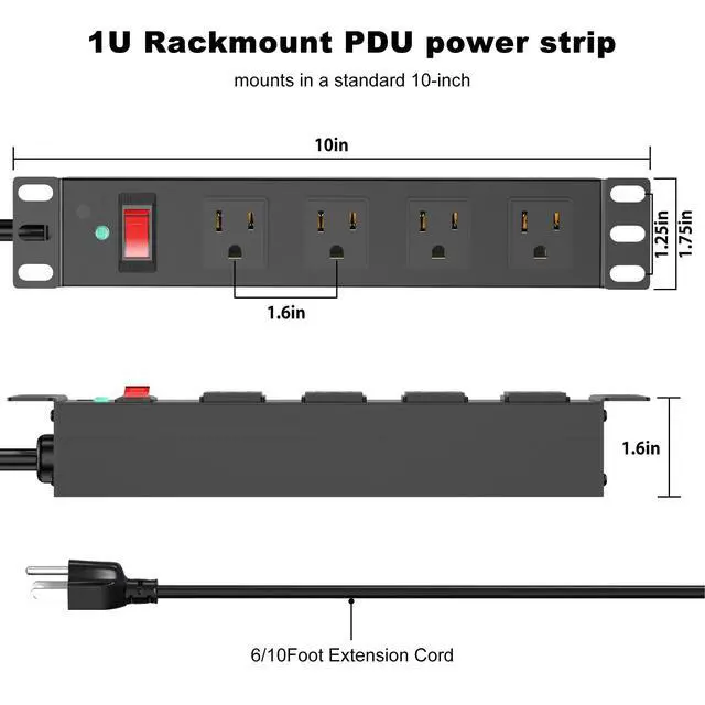 Alt view image 4 of 6 - 10 inch Rack PDU,4 Outlets Rack Mount PDU Power Strips, 1U Rack Mount,Rack Mount Power Strips for 10'' Mini Server Cabinets/Rack,1200J Surge Protection/15A Overload Switch,6FT 14AWG Extension Cord