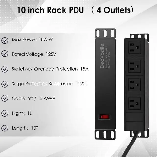 Alt view image 2 of 6 - 10 inch Rack PDU, 4 Rear Outlets, 1020J Surge Protection &15A Overload Switch, 1U RackMount, Rack Mount Power Strips for 10'' Mini Server Network Cabinets/Rack/Self, 6ft Cable