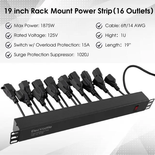 Alt view image 2 of 6 - 16 Outlet Rack Mount PDU Power Strip, 1020J Surge Protection & 15A Overload Switch, Fits 19'' Network Server Rack, 6ft 14AWG Cord, 1U RackMount