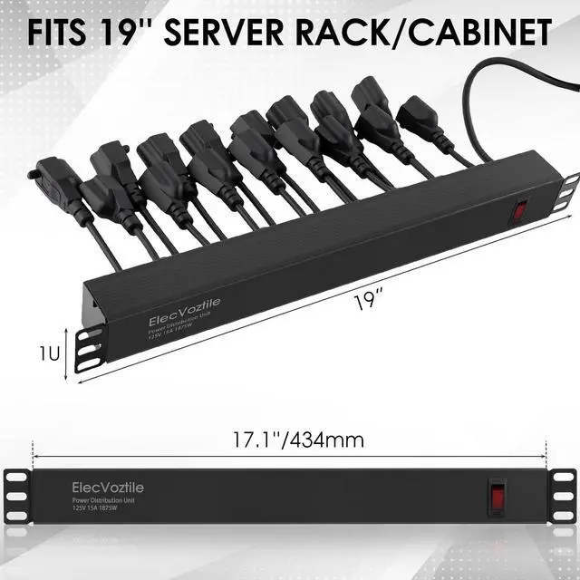 Alt view image 4 of 6 - 16 Outlet Rack Mount PDU Power Strip, 1020J Surge Protection & 15A Overload Switch, Fits 19'' Network Server Rack, 6ft 14AWG Cord, 1U RackMount