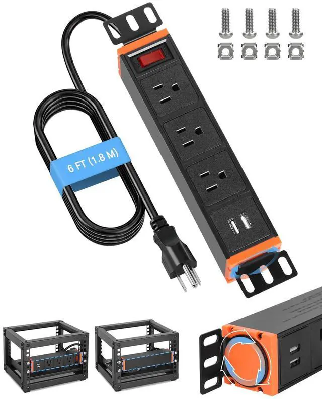 Main image of 10-Inch Rack Mount PDU Power Strip, 1U Half-Rack Power Distribution Unit, 3 AC Outlets, 2 USB-A Ports, 15A Resettable Overload Switch, 6 ft 16AWG Cord for 10'' Mini Server Network Cabinets/Rack/Self