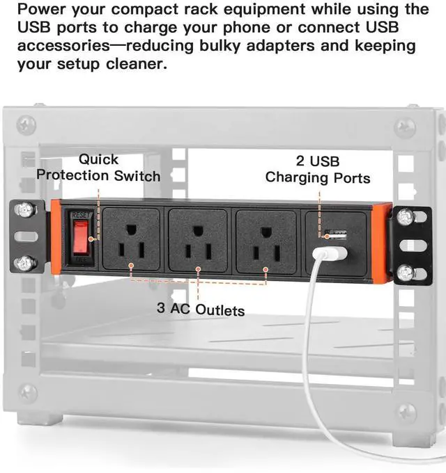 Alt view image 3 of 7 - 10-Inch Rack Mount PDU Power Strip, 1U Half-Rack Power Distribution Unit, 3 AC Outlets, 2 USB-A Ports, 15A Resettable Overload Switch, 6 ft 16AWG Cord for 10'' Mini Server Network Cabinets/Rack/Self