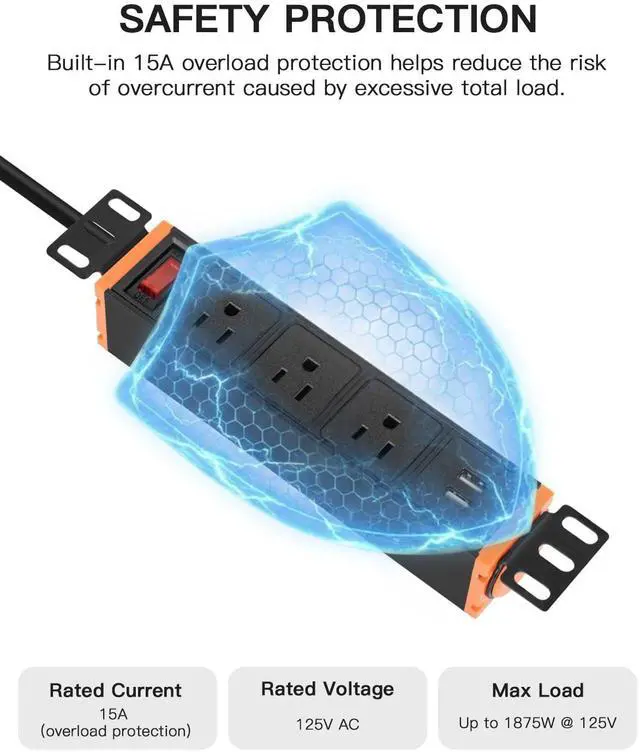 Alt view image 4 of 7 - 10-Inch Rack Mount PDU Power Strip, 1U Half-Rack Power Distribution Unit, 3 AC Outlets, 2 USB-A Ports, 15A Resettable Overload Switch, 6 ft 16AWG Cord for 10'' Mini Server Network Cabinets/Rack/Self