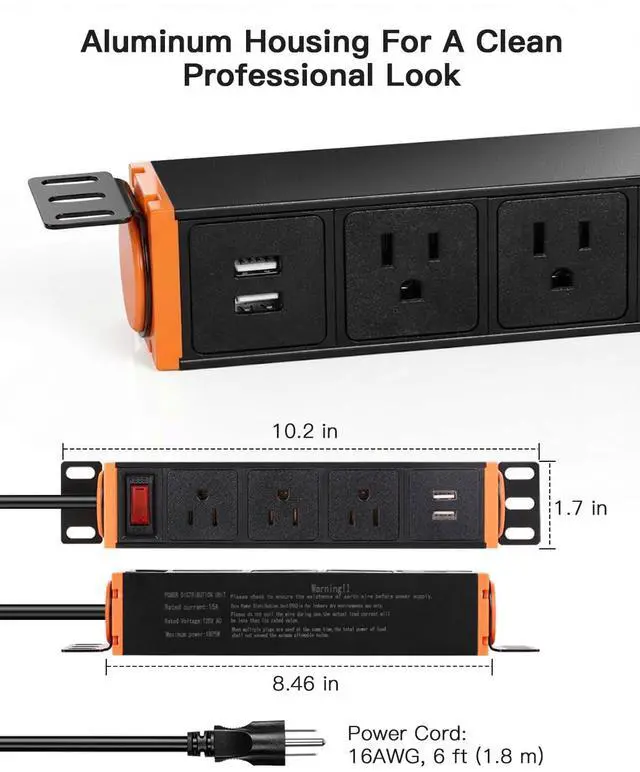 Alt view image 5 of 7 - 10-Inch Rack Mount PDU Power Strip, 1U Half-Rack Power Distribution Unit, 3 AC Outlets, 2 USB-A Ports, 15A Resettable Overload Switch, 6 ft 16AWG Cord for 10'' Mini Server Network Cabinets/Rack/Self