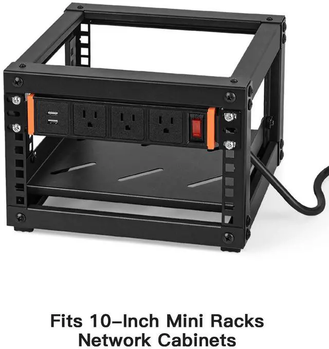 Alt view image 2 of 7 - 10-Inch Rack Mount PDU Power Strip, 1U Half-Rack Power Distribution Unit, 3 AC Outlets, 2 USB-A Ports, 15A Resettable Overload Switch, 6 ft 16AWG Cord for 10'' Mini Server Network Cabinets/Rack/Self