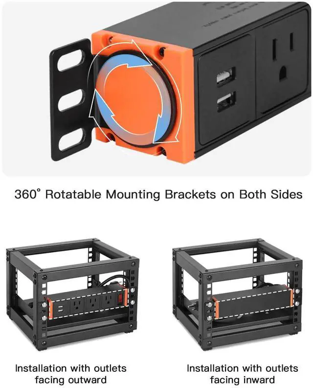 Alt view image 6 of 7 - 10-Inch Rack Mount PDU Power Strip, 1U Half-Rack Power Distribution Unit, 3 AC Outlets, 2 USB-A Ports, 15A Resettable Overload Switch, 6 ft 16AWG Cord for 10'' Mini Server Network Cabinets/Rack/Self
