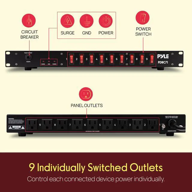 Alt view image 2 of 7 - 15 Amp Power Strip, 9 Outlet Power Strip with 6ft Cord for Power Supply, 1800J Surge Protection, Noise Filter, LED Indicators, Flat Plug, 1U Steel Chassis, Rack Mount Design