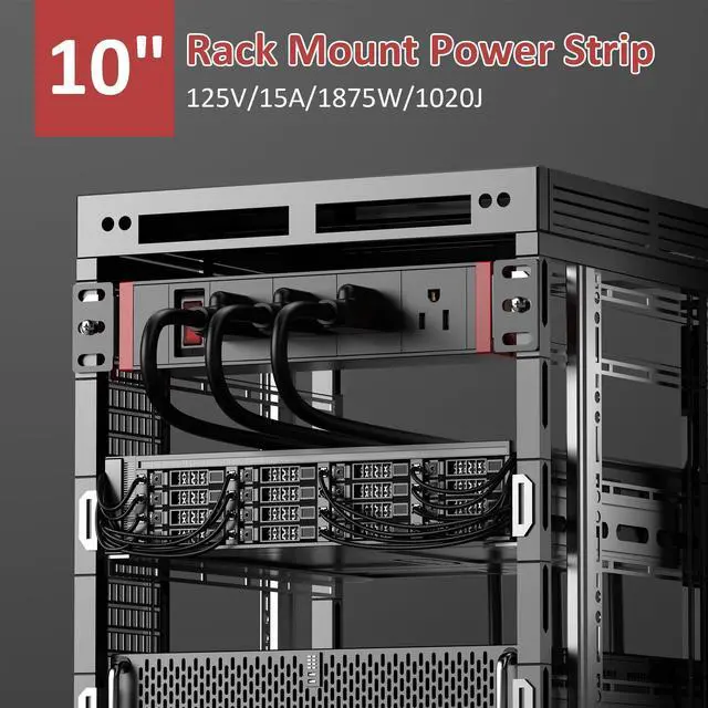 Alt view image 2 of 7 - 10 Inch Rack PDU, 1U Rack Mount Surge Protector Power Strip with15A Overload Switch, 360° Rotatable Mounting, for 10'' Mini Rack Server Network Cabinets, 6ft Cord