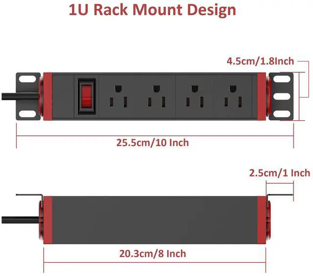 Alt view image 6 of 7 - 10 Inch Rack PDU, 1U Rack Mount Surge Protector Power Strip with15A Overload Switch, 360° Rotatable Mounting, for 10'' Mini Rack Server Network Cabinets, 6ft Cord