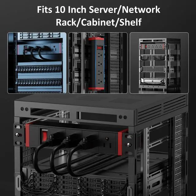 Alt view image 7 of 7 - 10 Inch Rack PDU, 1U Rack Mount Surge Protector Power Strip with15A Overload Switch, 360° Rotatable Mounting, for 10'' Mini Rack Server Network Cabinets, 6ft Cord
