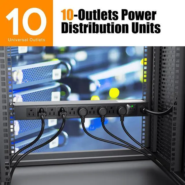 Alt view image 2 of 7 - 10 Outlet Rack Mount Power Strips with Individual Switch,1U Rack Mount PDU Power Strip for Network Server Racks - Surge Protection - 110V/15A - 6ft Power Cord