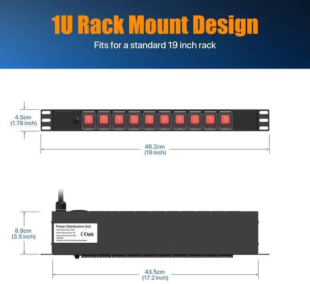 Alt view image 5 of 7 - 10 Outlet Rack Mount Power Strips with Individual Switch,1U Rack Mount PDU Power Strip for Network Server Racks - Surge Protection - 110V/15A - 6ft Power Cord