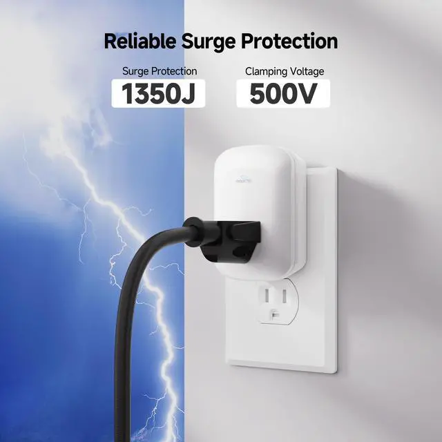 Alt view image 2 of 7 - 1350 Joules Single Outlet Surge Protector for TV, PC, Xbox, PS5, Refrigerator, Treadmill, 15A/1875W, 500V Clamping Voltage Wall Surge Protector Outlet, White