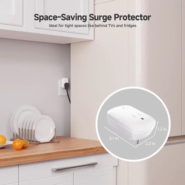 Alt view image 7 of 7 - 1350 Joules Single Outlet Surge Protector for TV, PC, Xbox, PS5, Refrigerator, Treadmill, 15A/1875W, 500V Clamping Voltage Wall Surge Protector Outlet, White