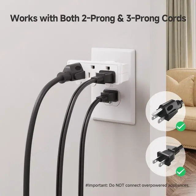 Alt view image 6 of 7 - 2-Pack 3-Outlet Grounded 180 Degree Swivel Wall Tap, 3 Plug Wall Adapter, Multi-Plug Outlets, White