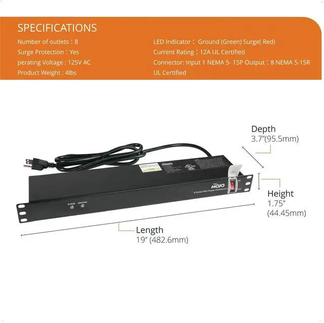 Alt view image 2 of 7 - 1U Rack-Mount Horizontal 8-Outlet Power Strip UL Listed PDU with Surge Protection 6ft Cord Power Distribution for IT and Network Server Racks