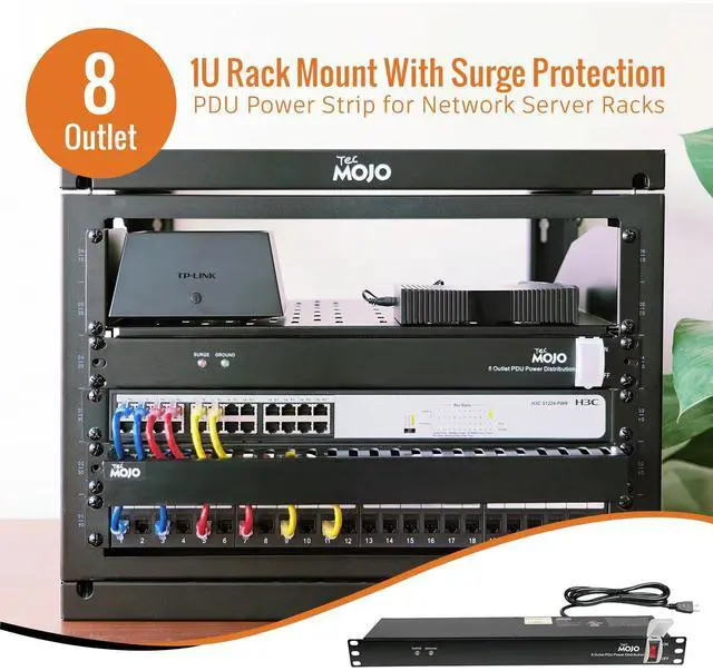 Alt view image 3 of 7 - 1U Rack-Mount Horizontal 8-Outlet Power Strip UL Listed PDU with Surge Protection 6ft Cord Power Distribution for IT and Network Server Racks
