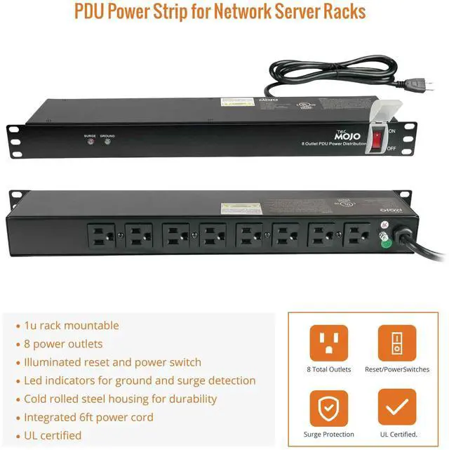 Alt view image 7 of 7 - 1U Rack-Mount Horizontal 8-Outlet Power Strip UL Listed PDU with Surge Protection 6ft Cord Power Distribution for IT and Network Server Racks