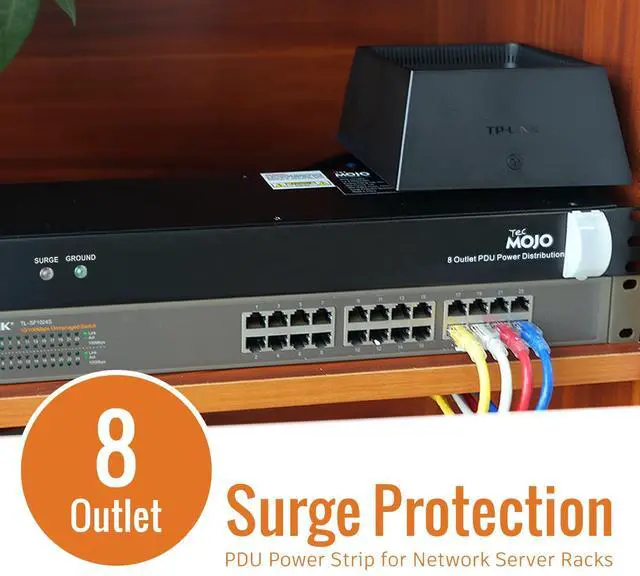 Alt view image 6 of 7 - 1U Rack-Mount Horizontal 8-Outlet Power Strip UL Listed PDU with Surge Protection 6ft Cord Power Distribution for IT and Network Server Racks