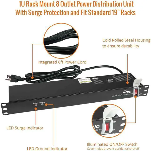 Alt view image 4 of 7 - 1U Rack-Mount Horizontal 8-Outlet Power Strip UL Listed PDU with Surge Protection 6ft Cord Power Distribution for IT and Network Server Racks