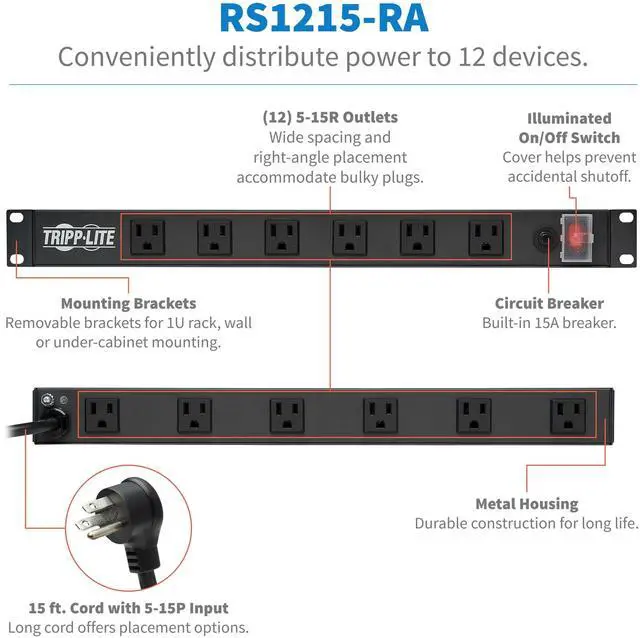 Alt view image 2 of 7 - 12-Outlet Rack Mount Power Strip PDU, Six Front & Six Rear Facing Outlets, 15A, 120V, 15ft Cord with Right-Angle Plug, Horizontal 1U Rack Mount, Black