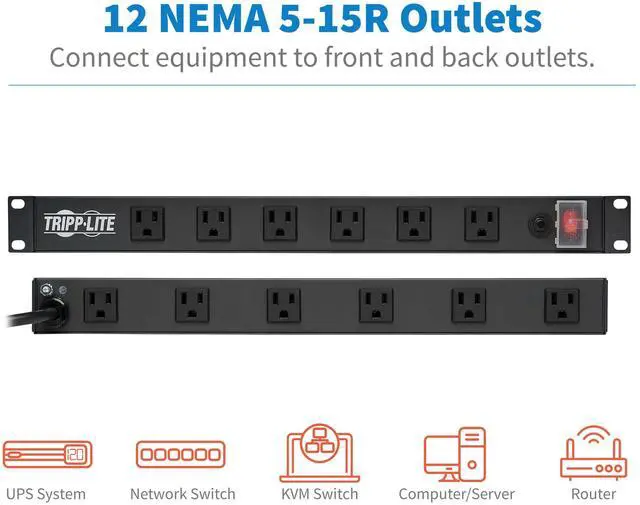 Alt view image 3 of 7 - 12-Outlet Rack Mount Power Strip PDU, Six Front & Six Rear Facing Outlets, 15A, 120V, 15ft Cord with Right-Angle Plug, Horizontal 1U Rack Mount, Black