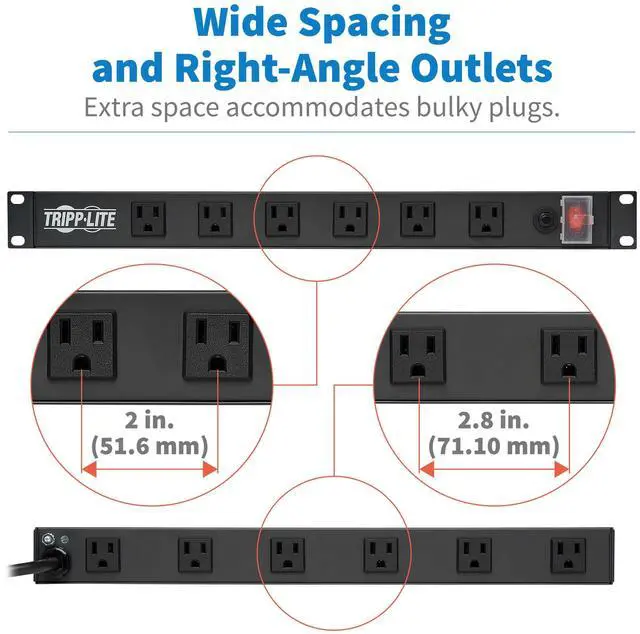 Alt view image 7 of 7 - 12-Outlet Rack Mount Power Strip PDU, Six Front & Six Rear Facing Outlets, 15A, 120V, 15ft Cord with Right-Angle Plug, Horizontal 1U Rack Mount, Black