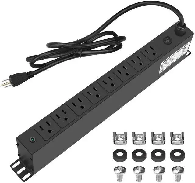 Main image of 8 Outlet PDU Rack Mount Power Strip with Surge Protector, 1U Rackmount,Wide-Spaced Sockets, for Network Server Racks, Garage, Home Office, Data Center - 120V/15A, 1800W (6 FT Cable)